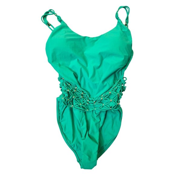 PQ NWT Green Swimsuit Gold Beaded Macrame One Piece Large - Picture 3 of 8